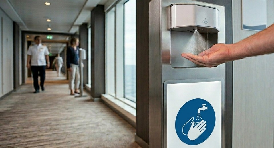 Desinfektionsspender auf einem Kreuzfahrtschiff.